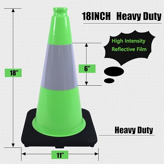 BESEA 6Pack 18" inch Traffic Cones Green Safety Cones PVC Construction Cones with 6 inch Reflective Collar for Home Driveway Road Parking Use(6 Cones)