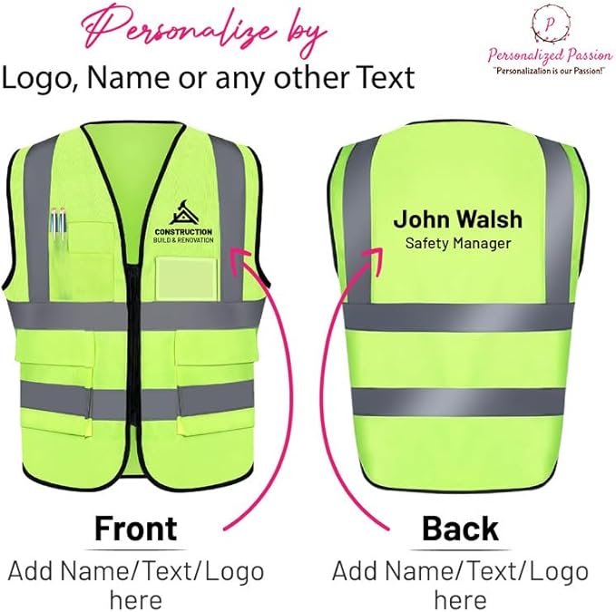 Personalized Safety Vest with Name & Logo - High Visibility Vest for Men & Women - 2” Wide Reflective Strips & 5 Pockets