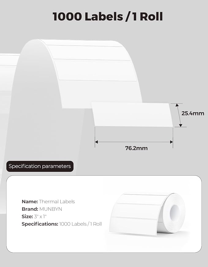 MUNBYN 3x1 Inch White Thermal Labels, Strong Adhesive, Thermal Sticker Labels for Price, Mailing, Name, 1000 Sheets/1 Roll