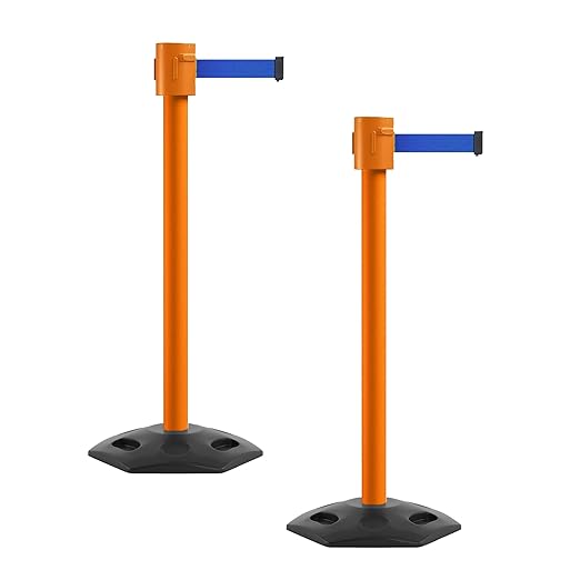 Montour Line MSR760 Set of 2 Retractable Belt Barrier Stanchion, Rubber Base, Orange Post (35 ft Blue Belt)