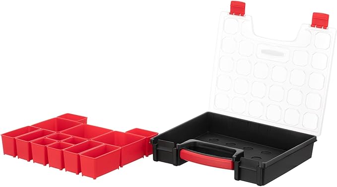 INTERTOOL Hardware Organizer with 13 Removable Bins - Small Parts Storage Tool Box for Nuts, Bolts, Screws, Nails - Portable Handle Transparent Lid with Locks BX08-4031