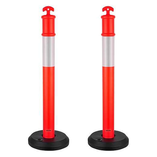 VEVOR 2 Pack Traffic Delineator Posts, 48 inches Traffic Safety Cones with Fillable Base and Reflective Strips, Heavy Duty Delineator Posts for Construction Site, Parking Lot, Crowd Control, Red