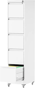 5 Drawers Filing Cabient with Wheel, File Cabinet with Lock, Steel Vertical Filing Storage Cabinet for Office, Heavy-Duty File Cabinets for Letters/Legal/A4 (Require Assembly, White)