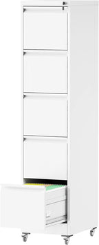 5 Drawers Filing Cabient with Wheel, File Cabinet with Lock, Steel Vertical Filing Storage Cabinet for Office, Heavy-Duty File Cabinets for Letters/Legal/A4 (Require Assembly, White)