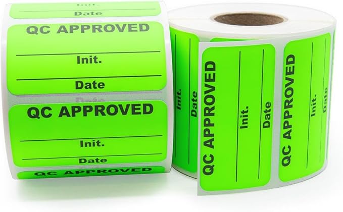 QC Approved Quality Control Labels, 2" x 1", Bright Green, 500 Labels per Roll, Permanent Adhesive for Inspection & Inventory Use