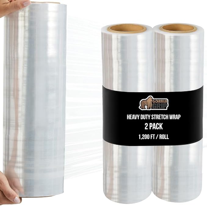 GORILLA GRIP 500% Stretch Film Heavy Duty Plastic, 2 Pack 1200ft Shrink Wrap Rolls 17" Puncture Resistant, Industrial Strength for Pallet Storing, Wrapping, Moving, Packing Furniture Protection Clear