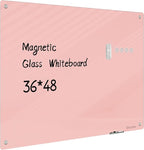Magnetic Glass Whiteboard - 48"x36" Frameless Glass Dry Erase Board for Walls, Office, School, Home - Pink