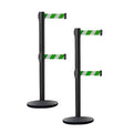 Crowd Control Warehouse CCW Set of 2 Dual Retractable Belt Barrier Stanchion, Cast Iron Base Black Post, IRBB-100D (7.5 Belt, Green and White Diagonal Belt)