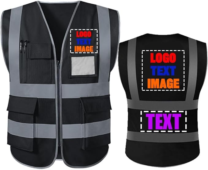 High Visibility Safety Reflective Vest with Pockets and Zipper Construction Hi Vis Work Vest(Black 3XL)