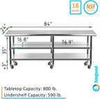 AmGood Stainless Steel Work Table with 2 Shelves and Casters | Metal Utility Table On Wheels (Stainless Steel, 84" Long x 24" Deep)