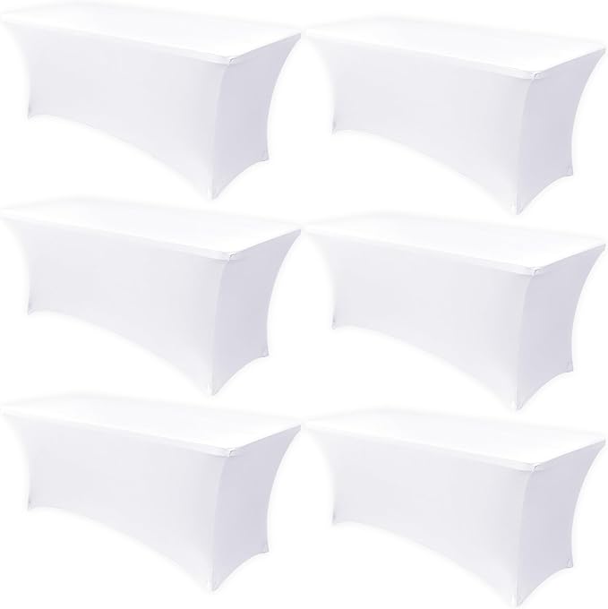Obstal 6 Pack Stretch Spandex Table Covers for 8 Foot Tables - 8 FT Universal Rectangular Fitted Tablecloth Protector for Wedding, Banquet, Party (White, 96 Length x 30 Width x 30 Height Inches)