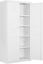 Metal Storage Cabinet-71” Tall Steel File Cabinets with Doors and 5 Adjustable Shelves-White Steel Storage Cabinet for Home,Kitchen, School, Office, Garage