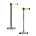 CCW Series RBB-100 - Set of 2 Stanchion Retractable Belt Barriers (9 Foot Belt, Yellow with Horizontal Reflective Stripe Belt with Satin Stainless Steel Post)