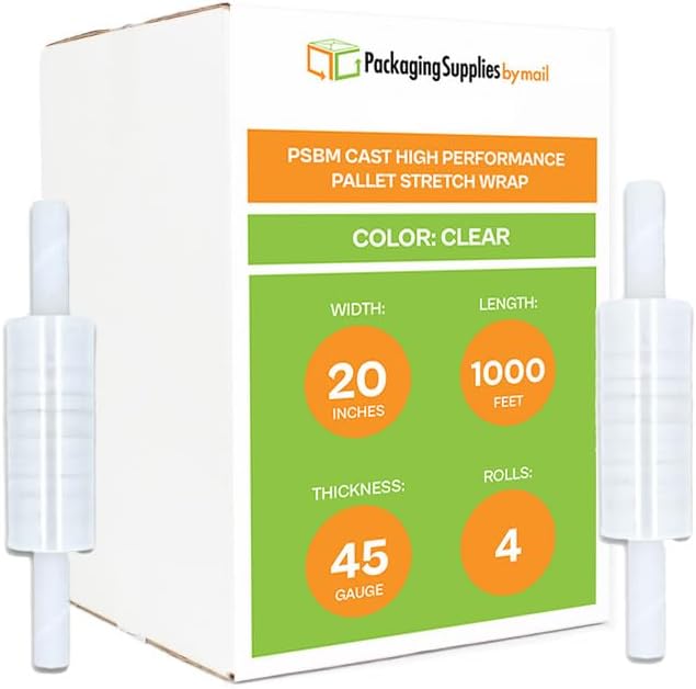 PSBM Stretch Wrap with Handles, 4 Pack, 20 Inch x 1000 Feet, 45 Gauge, Clear Plastic Cling with Extended Core Handles Built in