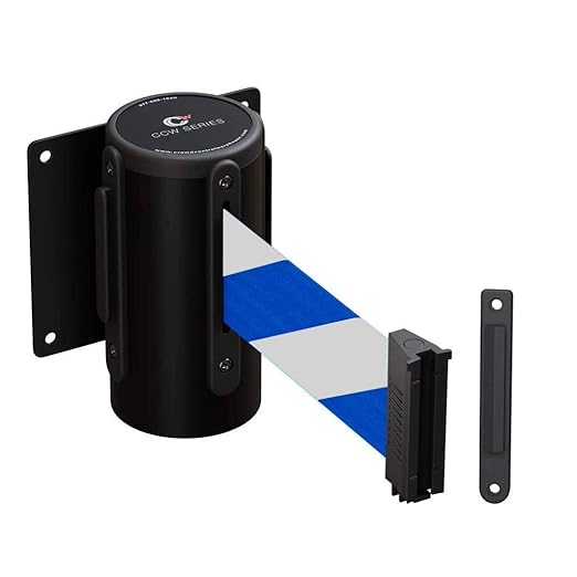 Crowd Control Warehouse - CCW Series WMB-125 Fixed Wall Mount Retractable Belt Barrier - 11 Foot, Blue & White Diagonal Stripes Belt with Black Steel Case