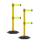 Crowd Control Warehouse CCW Set of 2 Retractable Dual Belt Stanchion Safety Barrier, Heavy-Duty Rubber Base Yellow Post, WBB-200D (11 Foot Belt, Fluorescent Yellow Belt)