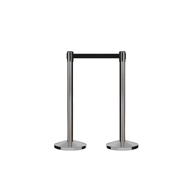 CCW Series RBB-100 - Set of 2 Stanchion Retractable Belt Barriers (9 Foot Belt, Red with"NO Entry" White Letters Belt with Satin Stainless Steel Post)