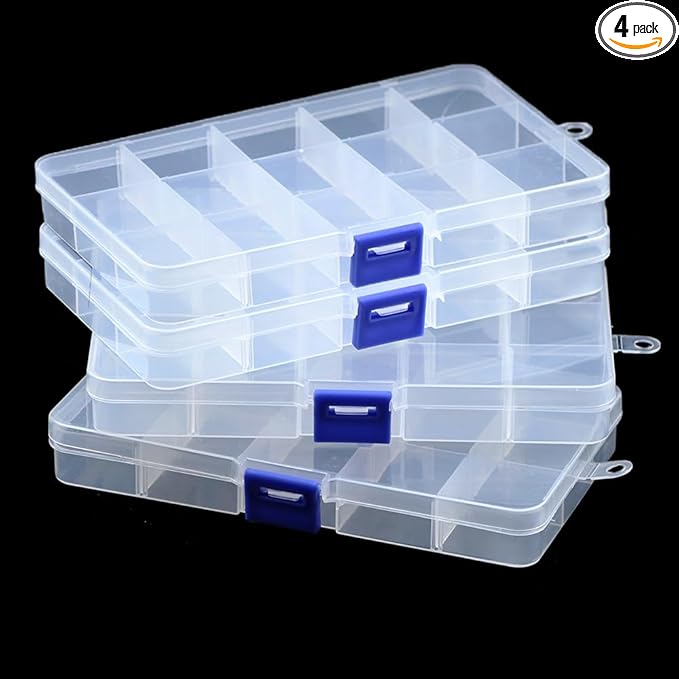 4 Pcs 15 Grids Clear Organizer Box Plastic Storage Container with Fixed Dividers Blue Buckle for Electronics Jewelry Beads Art DIY Crafts Small Parts Non-Adjustable Dividers