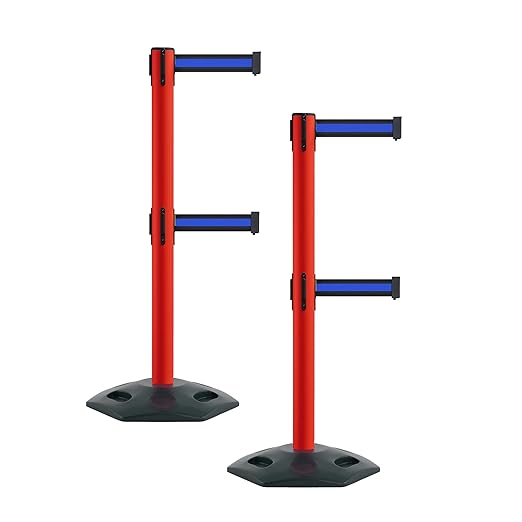 Montour Line MSR630D Set of 2 Retractable Belt Barrier Stanchion, Heavy-Duty Rubber Base, Red Post (11 ft Black with Horizontal Blue Stripe Dual Belt)