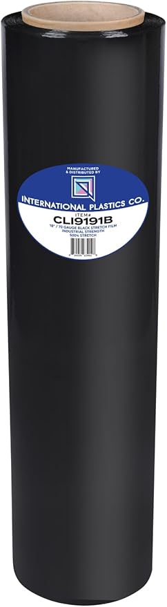 International Plastics Co. 18" Black 70 Gauge Plastic Stretch Film/Wrap 1500ft 500% Stretch Clear Cling Durable Adhering Packing Moving Packaging Heavy Duty Shrink Film