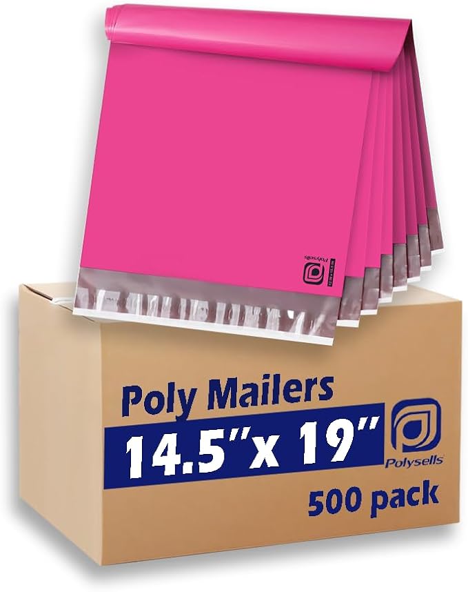POLYSELLS 500 pcs 14.5x19 Inches Pink Poly Mailers Shipping Envelopes, Strong Adhesive Sealing, Waterproof, and Tear-resistant Postal Mailing Bags for Clothing, Books, and Accessories