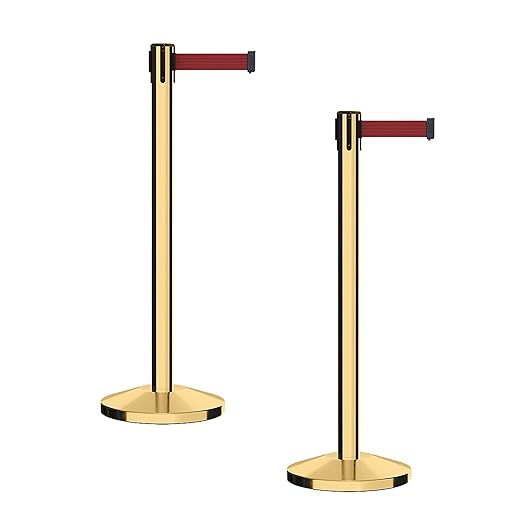 CCW Series RBB-100 - Set of 2 Stanchion Retractable Belt Barriers (11 Foot Belt, Maroon Belt with Polished Brass Post)