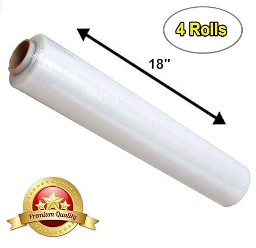 APQ 4 Rolls of Blown Hand Stretch Film 18" x 2000'. Clear Hand Stretch Wrap, 60 Gauge. Tear Resistant Residue Free Film for Moving, Shipping, Wrapping. Industrial Grade Pallet Shrink Wrap Film.
