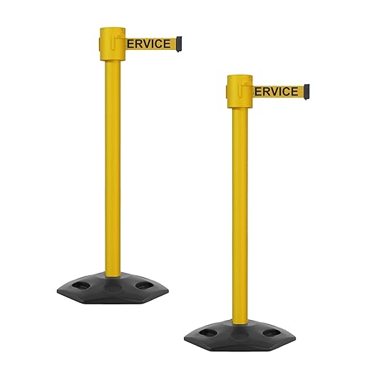 Montour Line MSR760 Set of 2 Retractable Belt Barrier Stanchion, Rubber Base, Yellow Post (35 ft Yellow with"Out of Service" Black Letters Belt)