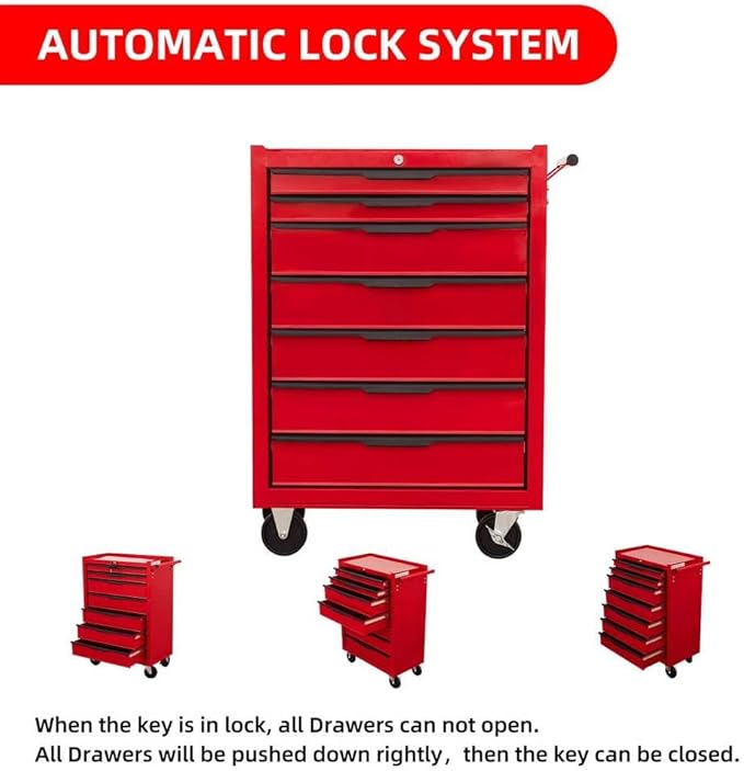 7-Drawer Rolling Tool Chest Cabinet, Heavy-Duty Metal Tool Box with Wheels, Lockable Storage Organizer, Mobile Tool Cart for Garage, Workshop, Warehouse – Red