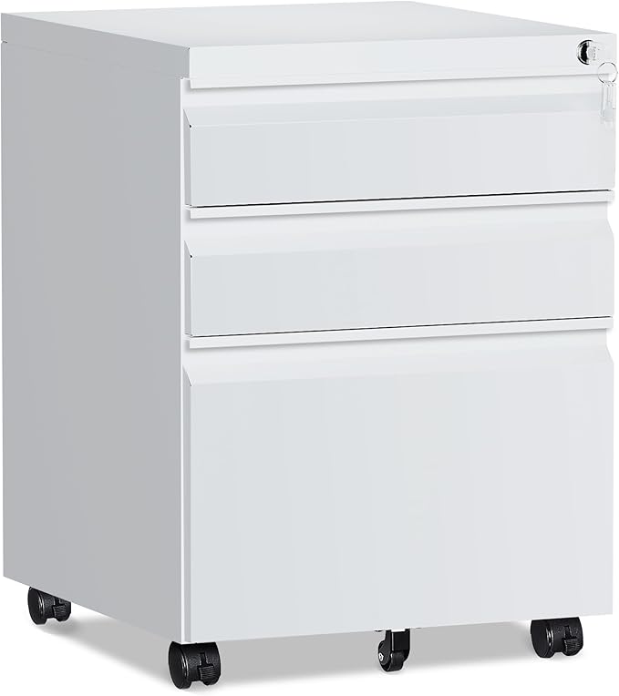 3 Drawer File Cabinet，Mobile Filing Cabinet with Lock and Wheels，Un-Assembled Metal Under Desk File Cabinets for A4/Letter/Legal Size（White