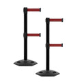 CCW Series WBB-200D - Set of 2 Retractable Dual Belt Barrier Stanchion, Heavy Duty Rubber Base, Black Post (7.5 Foot Belt, Maroon Belt)