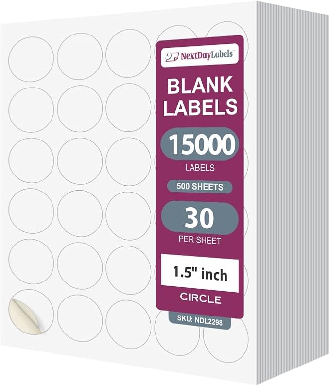 NextDayLabels - 1.5 Inch Round Labels - Matte White Blank Laser/Inkjet Printer Stickers (500 Sheets, 30 Per Sheet, 15000 Circle Stickers)