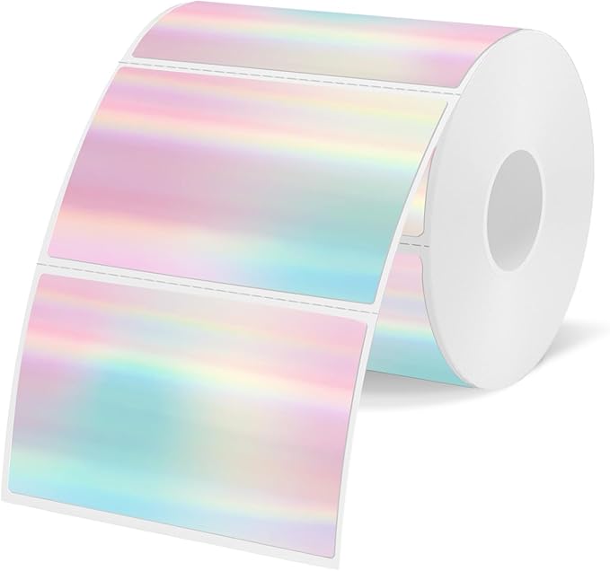 3x2 Inch Thermal Labels, Rainbow Holographic Thermal Sticker Labels, Glitter Thermals Stickers for DIY, Barcode, Mailing, Perforation Line Design, 200 PCS/1 Roll