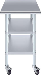 AmGood Stainless Steel Work Table with 2 Shelves and Casters (Stainless Steel Work Table with 2 Shelves + Casters, 24" Long x 30" Deep)