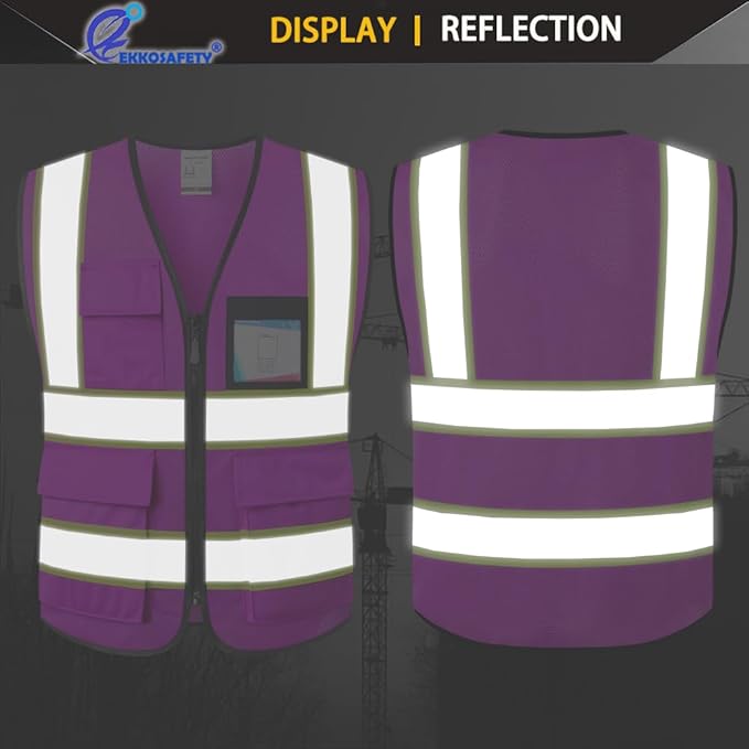 Purple Safety Vest for Men Women Reflective with 8 Pockets and Zipper Front Mesh High Visibility Vest Hi Vis Construction Work Vest,Meets ANSI/ISEA Standards(EKH1-Purple-L)