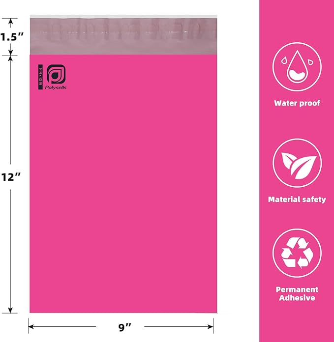 POLYSELLS 200 pcs 9x12 Inches Pink Poly Mailers Shipping Envelopes, Strong Adhesive Sealing, Waterproof, and Tear-resistant Postal Mailing Bags for Small Business, Clothes, Non-Fragile Items