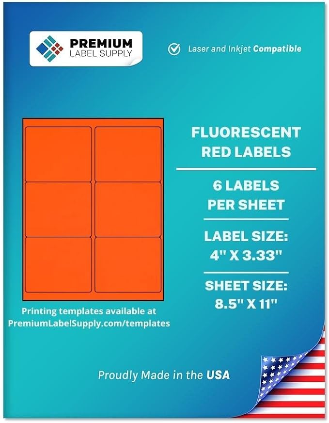 Premium Label Supply Bright Neon Color Fluorescent Stickers - 4" x 3.33" Labels - (Fluorescent Red, 600 Labels)