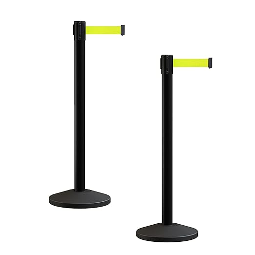 Crowd Control Warehouse CCW Series RBB-100 - Set of 2 Stanchion Retractable Belt Barriers - 9 Foot, Fluorescent Yellow Belt with Black Post - Easy Assembly