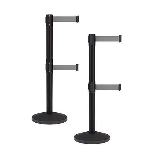 Crowd Control Warehouse CCW Series RBB-100D Set of 2 Stanchion Retractable Belt Barriers - Sloped Base, 7.5 Foot, Light Grey Dual Belt with Black Post - Easy Assembly