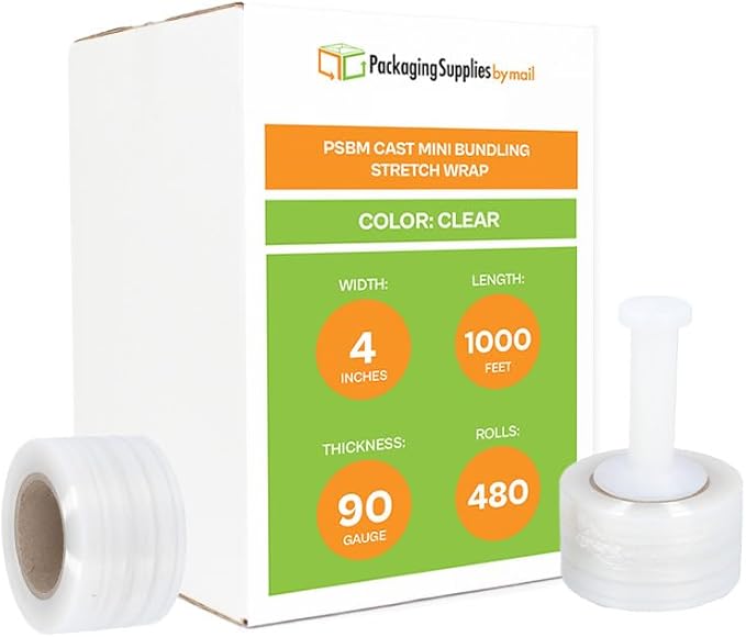 PSBM 480 Rolls 4 Inch x 1000 Feet 90 Gauge Mini Stretch Film/Wrap with Plastic Handle, Heavy Duty Industrial Strength Clear Shrink Plastic Wrap for Moving, Packing, Shipping, Bundling & Storage