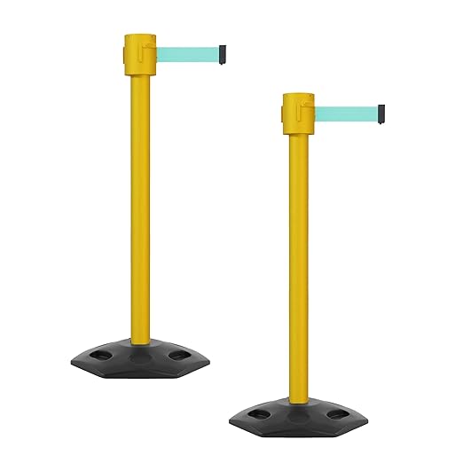 Montour Line MSR760 Set of 2 Retractable Belt Barrier Stanchion, Rubber Base, Yellow Post (35 ft Light Green Belt)