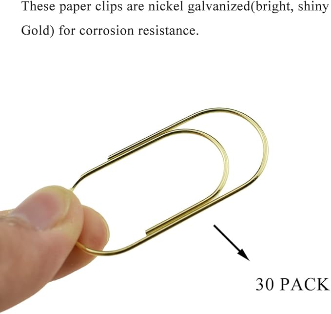 HAHIYO Paper Clips Sturdy 2 inches Length 30 Pack Wide Paperclips Heavy Duty Tight Grip Rust Proof Reusable Metal Bright Gold for Home Office School