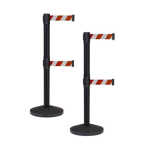 Crowd Control Warehouse CCW Series RBB-100D Set of 2 Stanchion Retractable Belt Barriers - Sloped Base, 9 Foot, Red and White Diagonal Dual Belt with Black Post - Easy Assembly