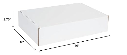 Box USA 16" Deluxe Shipping Boxes 16"L x 10"W x 2 3/4"H, 50-Pack - White Box Mailers for Packaging, Storage, Gifts or Bulk Business Orders
