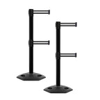 CCW Series WBB-200D - Set of 2 Retractable Dual Belt Barrier Stanchion, Heavy Duty Rubber Base, Black Post (7.5 Foot Belt, Black with White Horizontal Stripe Belt)