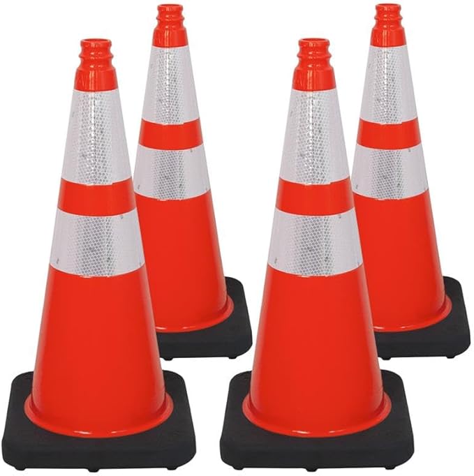 Brimar 28 Inch Traffic Cones, 4 Pack, Orange PVC Safety Cones with Black Base for Construction, Road Parking, MUTCD Approved Traffic Cones with 3M Reflective Bands, Structurally Stable Wearproof