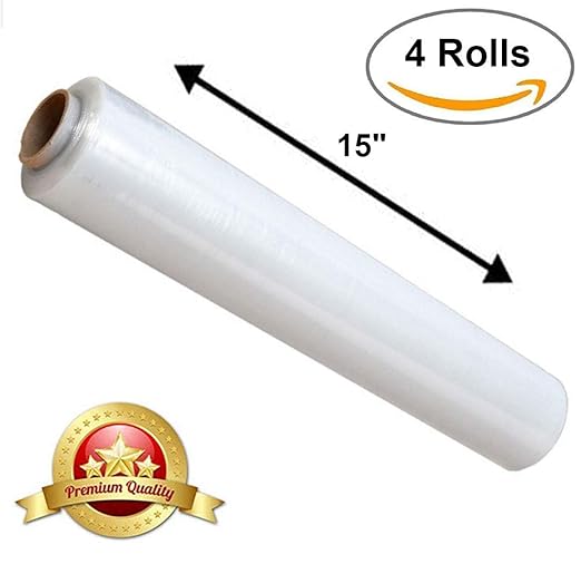 APQ 4 Rolls of Blown Hand Stretch Film 15" x 1500'. Clear Hand Stretch Wrap, 80 Gauge. Tear Resistant Residue Free Film for Moving, Shipping, Wrapping. Industrial Grade Pallet Shrink Wrap Film.