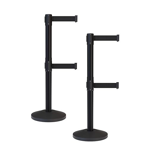 Crowd Control Warehouse CCW Series RBB-100D Set of 2 Stanchion Retractable Belt Barriers - Sloped Base, 9 Foot, Black Dual Belt with Black Post - Easy Assembly
