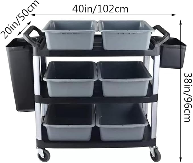 Plastic Service Utility Cart with Wheels, 550lbs Capacity, 6 Basin 2 Barrels Multipurpose Rolling 3-Tier Mobile Storage Organizer, for Warehouse Garage Industrial Cart
