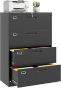 File Cabinet 4 Drawer, Lateral Filing Cabinet with Lock, Metal File Cabinets for Home Office, Office Cabinet for Hanging Files Letter/Legal/F4/A4, Assembly Required, Black